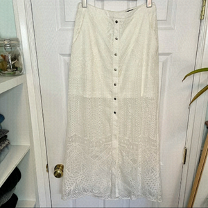 White Button-Front Lace Maxi Skirt